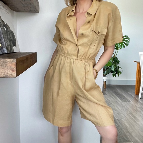 Vintage Linen Romper Jumpsuit Camel Khaki Safari - Picture 2 of 6